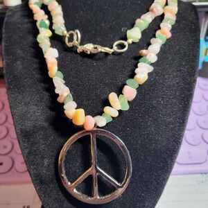 Semi-precious Multi Gemstone Chips Beaded Peace Sign Pendant Necklace